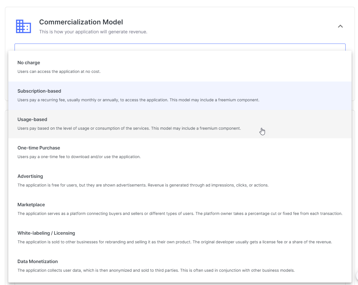 Commercialization dropdown expanded