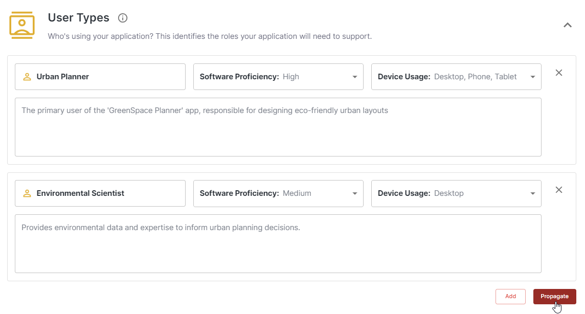 User types section with new entry