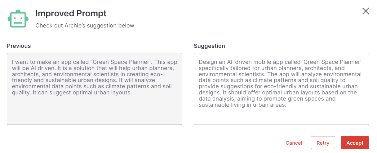 Archie suggesting improvements to a prompt