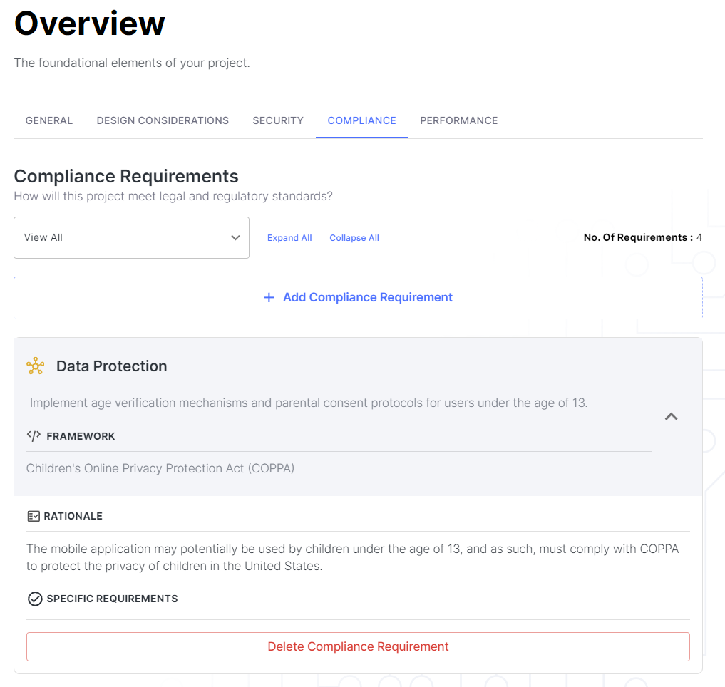 Requirements Overview Design compliance tab
