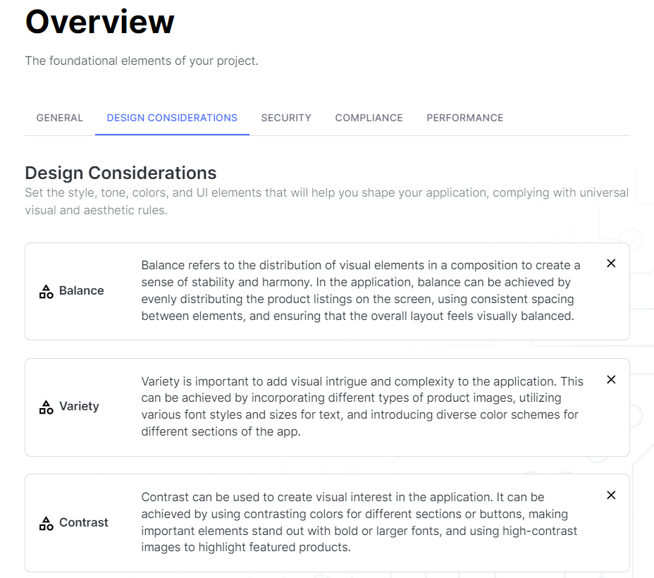 Requirements Overview Design consideration tab