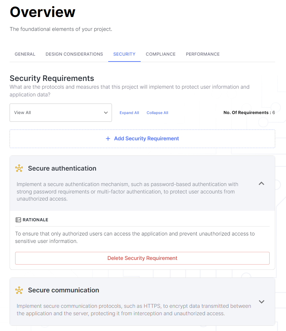 Requirements Overview Design security tab